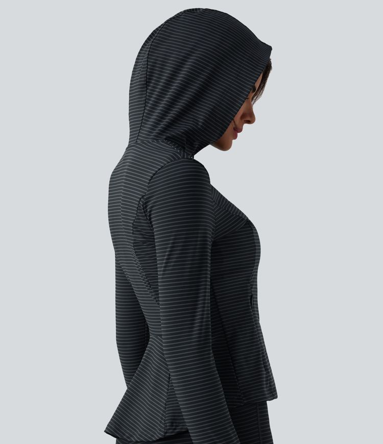 Hooded Long Sleeve Thumb Hole Stripe Yoga Jacket with Pockets