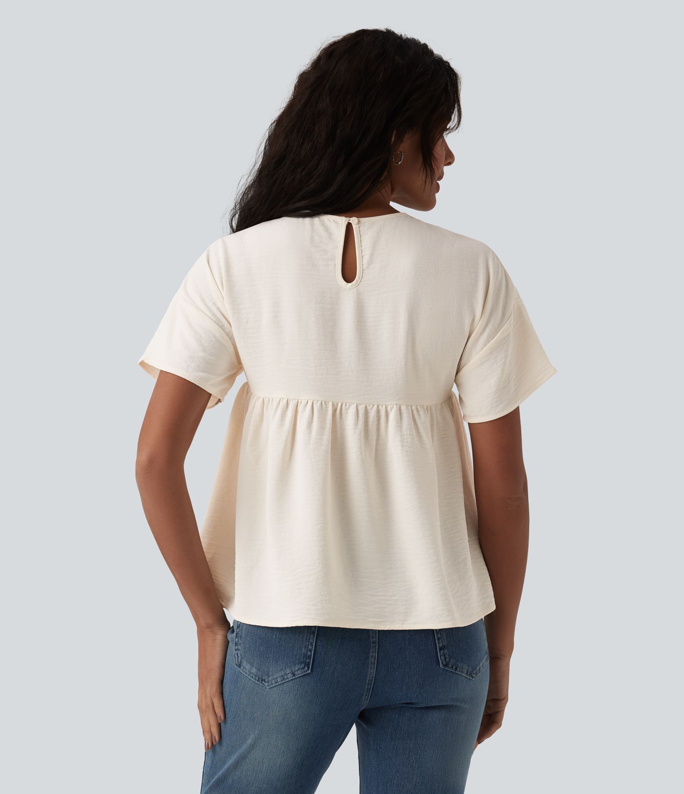 Round Neck Short Sleeve Ruffle Hem Casual Linen-Feel T-Shirt