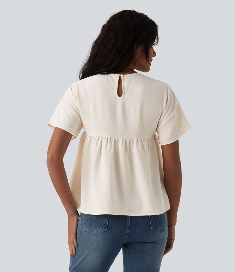 Round Neck Short Sleeve Ruffle Hem Casual Linen-Feel T-Shirt
