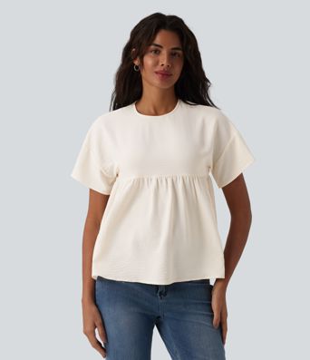 Round Neck Short Sleeve Ruffle Hem Casual Linen-Feel T-Shirt