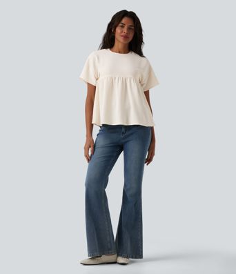 Round Neck Short Sleeve Ruffle Hem Casual Linen-Feel T-Shirt