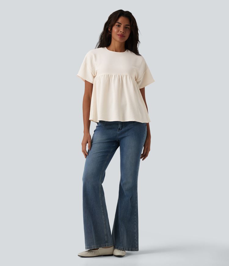 Round Neck Short Sleeve Ruffle Hem Casual Linen-Feel T-Shirt