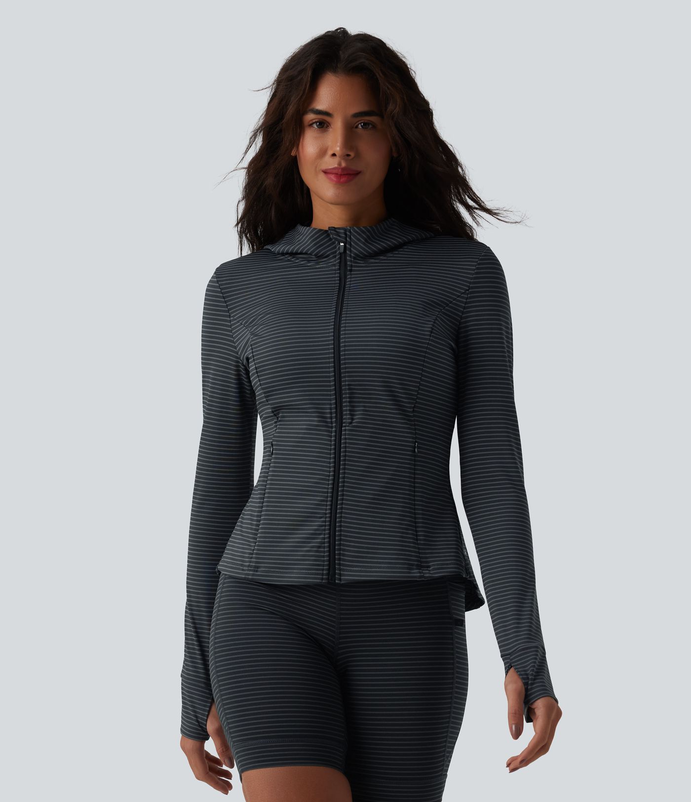 Hooded Long Sleeve Thumb Hole Stripe Yoga Jacket with Pockets