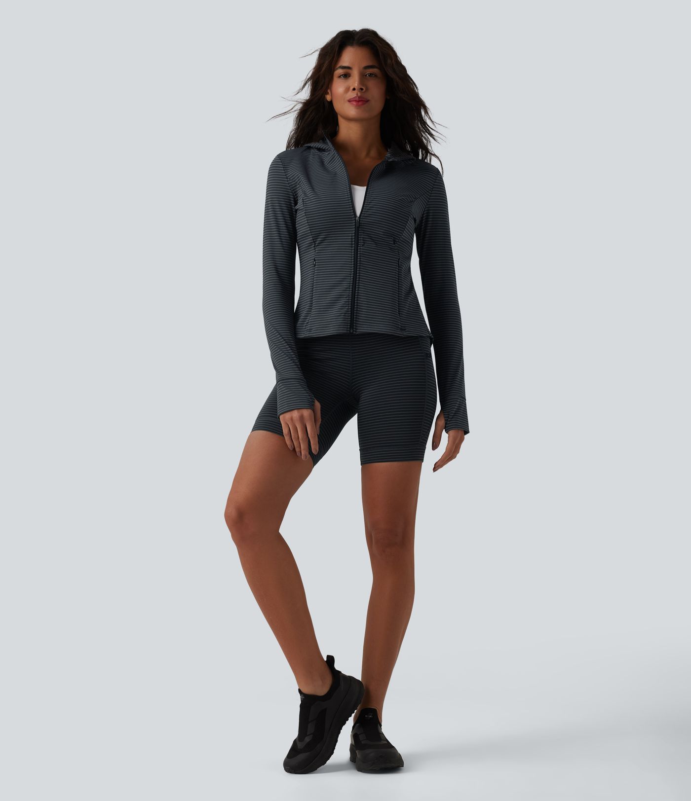 Hooded Long Sleeve Thumb Hole Stripe Yoga Jacket with Pockets