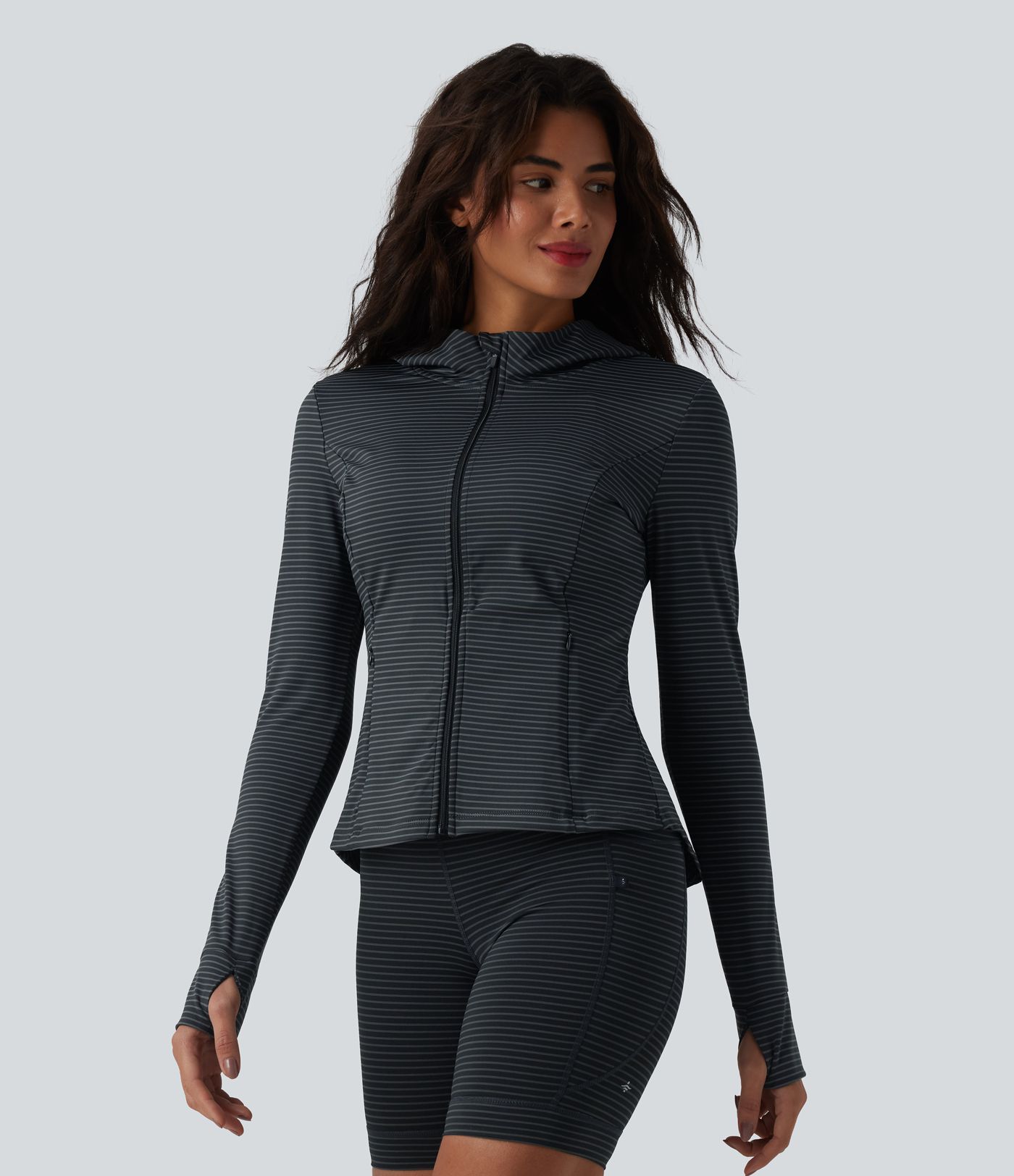 Hooded Long Sleeve Thumb Hole Stripe Yoga Jacket with Pockets