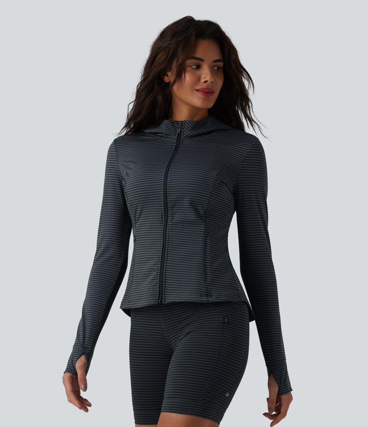 Hooded Long Sleeve Thumb Hole Stripe Yoga Jacket with Pockets