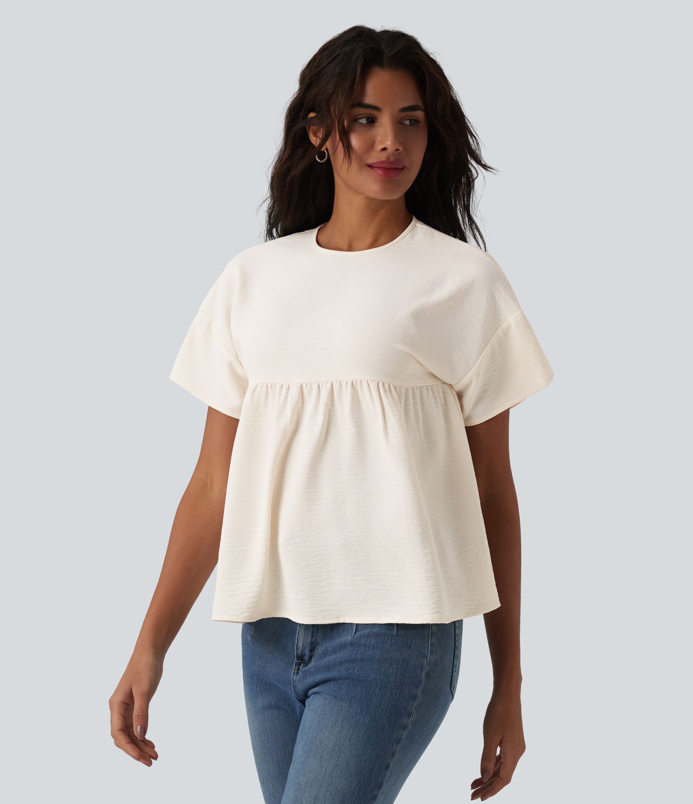 Round Neck Short Sleeve Ruffle Hem Casual Linen-Feel T-Shirt