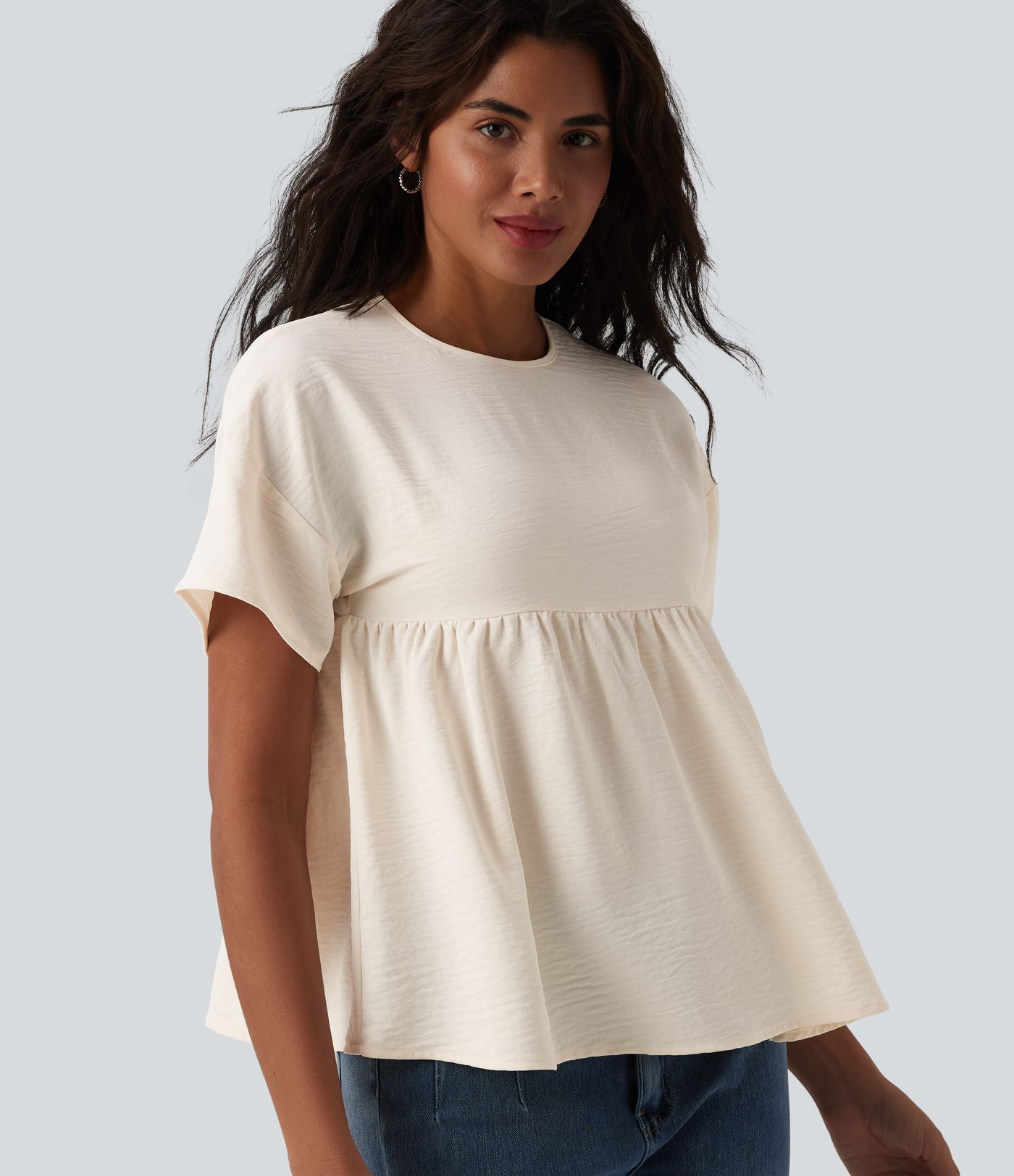Round Neck Short Sleeve Ruffle Hem Casual Linen-Feel T-Shirt