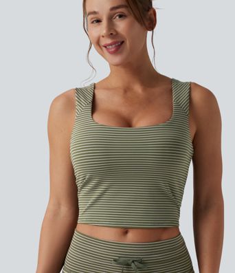 Square Neck Stripe Cropped Workout Tank Top