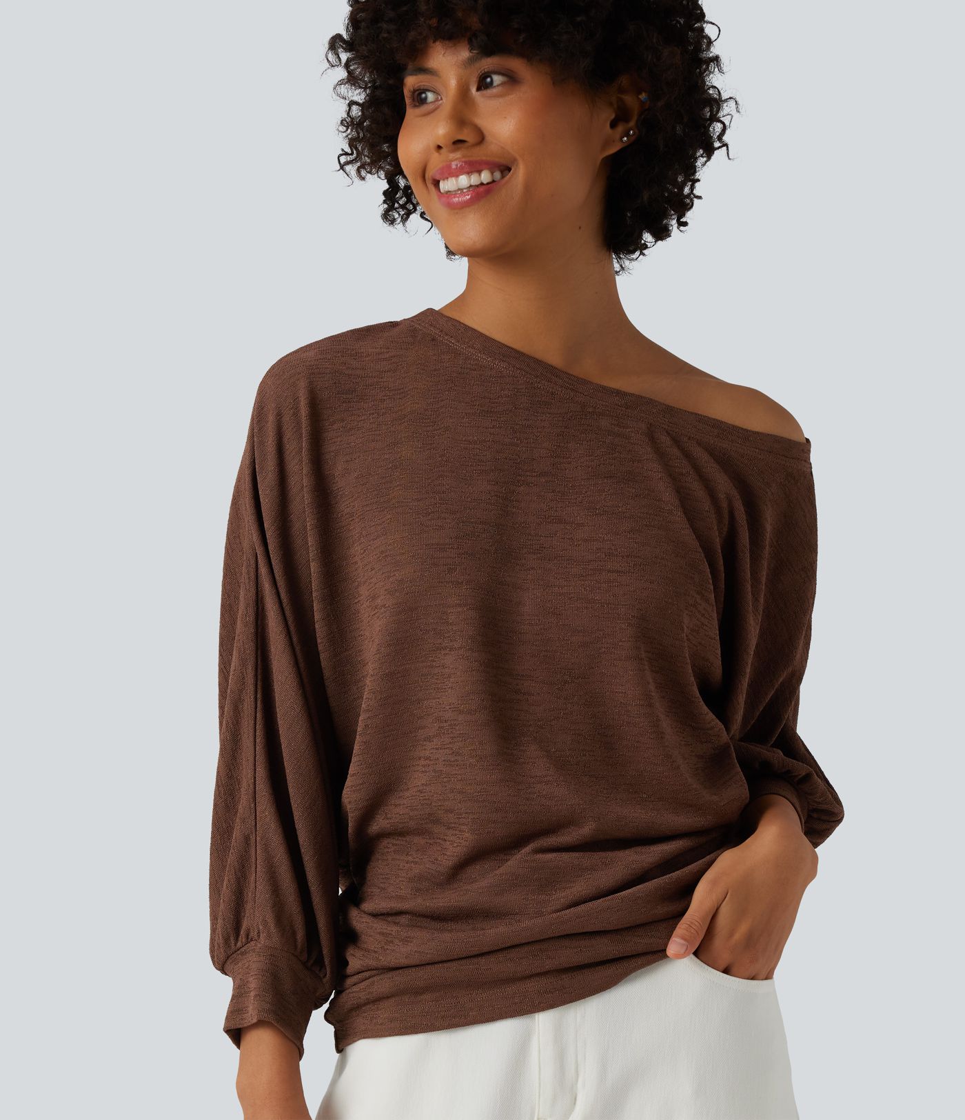 Semi Sheer One-shoulder 3/4 Sleeve Ruched Casual T-Shirt