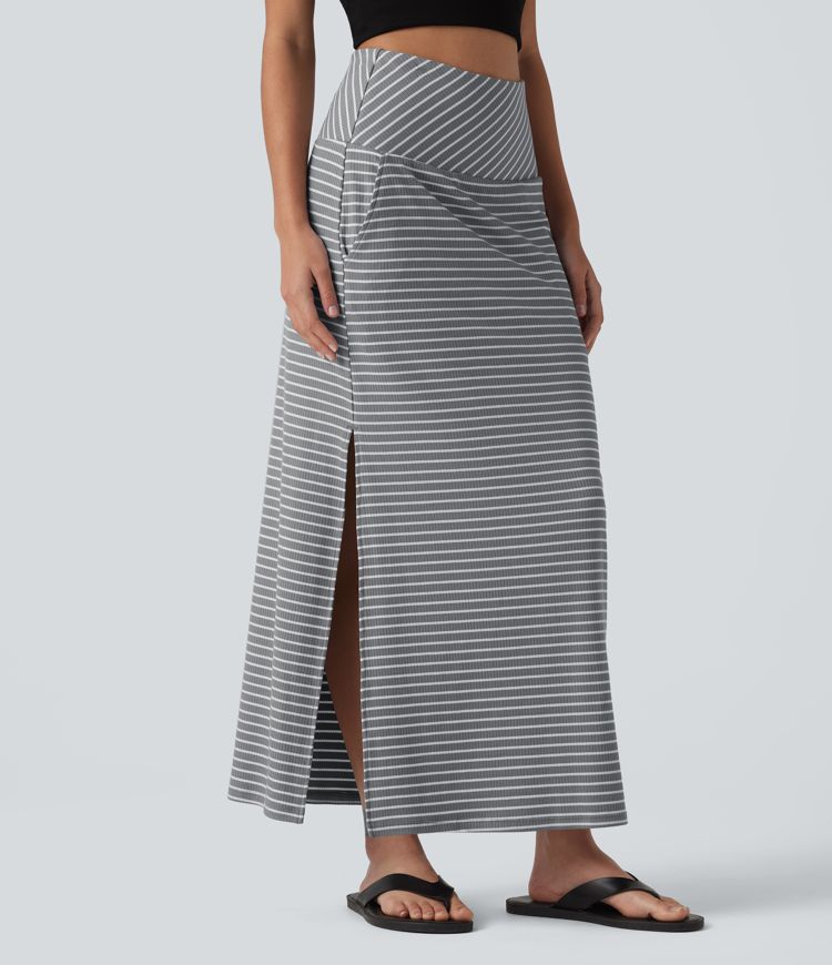 High Waisted Tummy Control Split Stripes Maxi Casual Skirt with Pockets