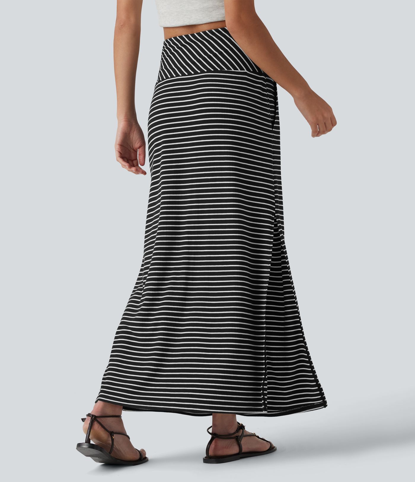 Jupe longue casual gainante taille haute à rayures et fente avec poches