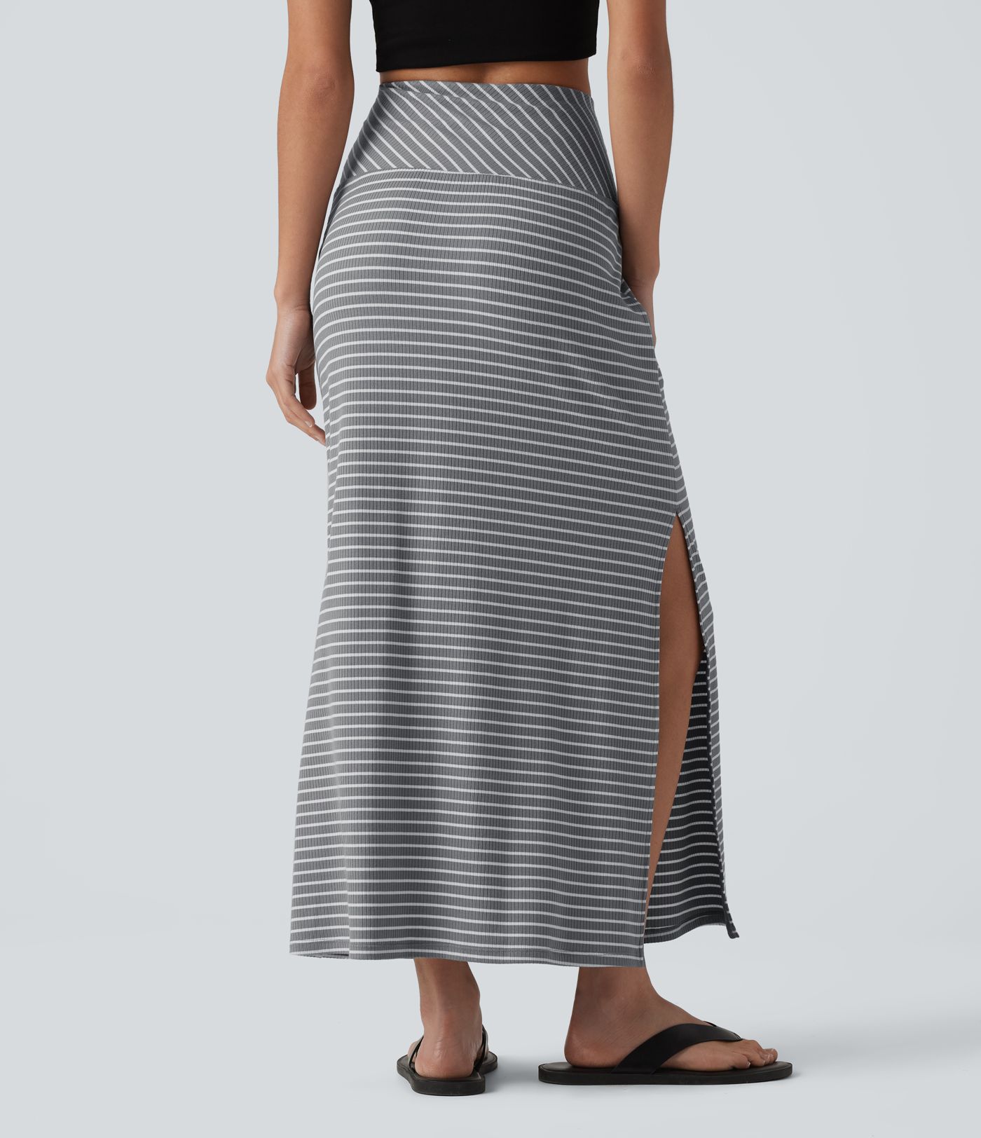 High Waisted Tummy Control Split Stripes Maxi Casual Skirt with Pockets