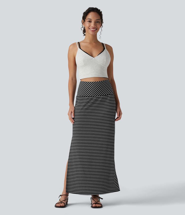 Jupe longue casual gainante taille haute à rayures et fente avec poches