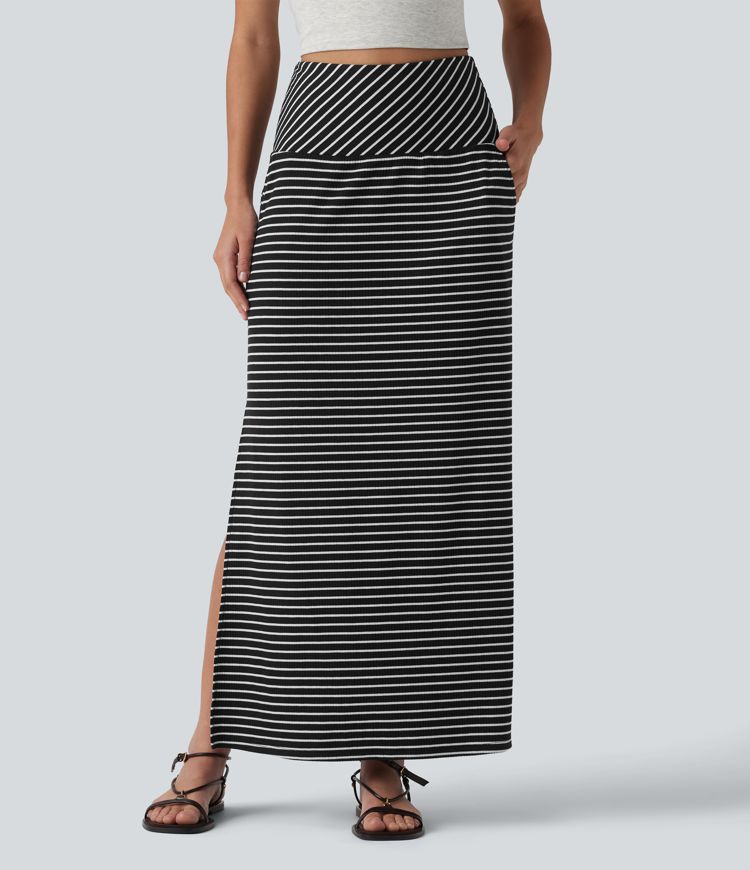 Jupe longue casual gainante taille haute à rayures et fente avec poches