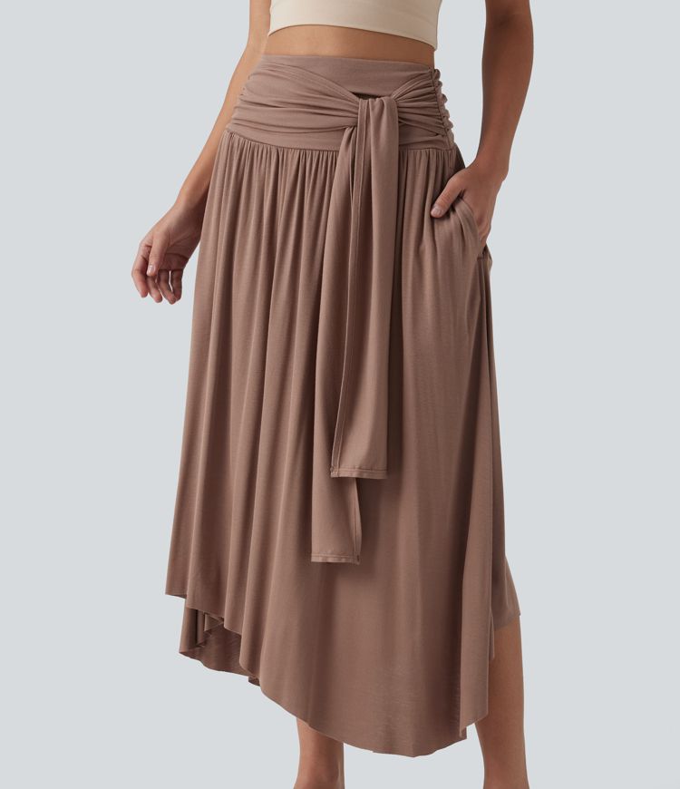 Jupe midi fluide casual gainante côtelée taille haute à nœuds latéraux et ourlet asymétrique avec poches