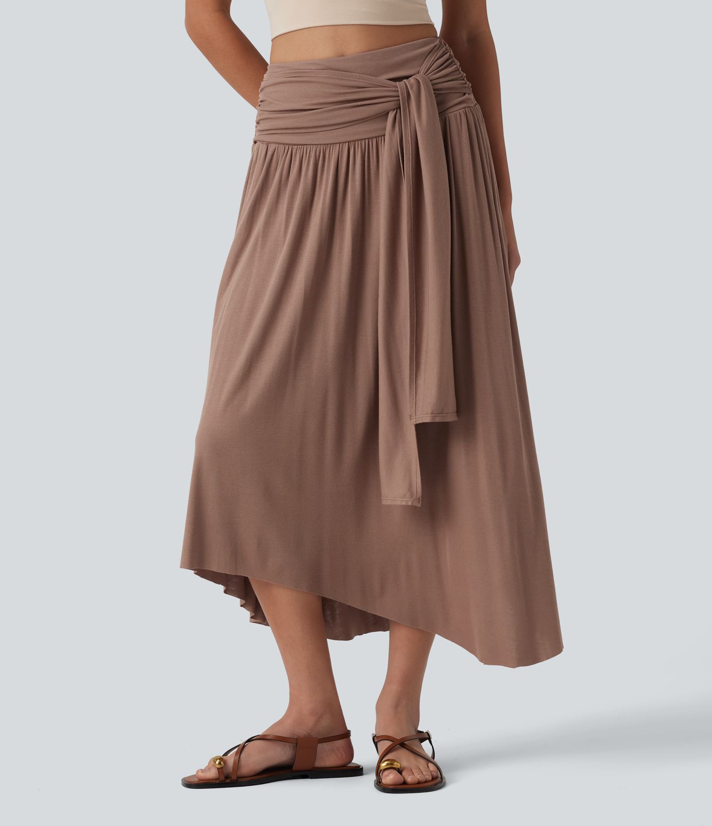 Ribbed High Waisted Tummy Control Tie-side Asymmetric Hem Midi Casual Flowy Skirt with Pockets