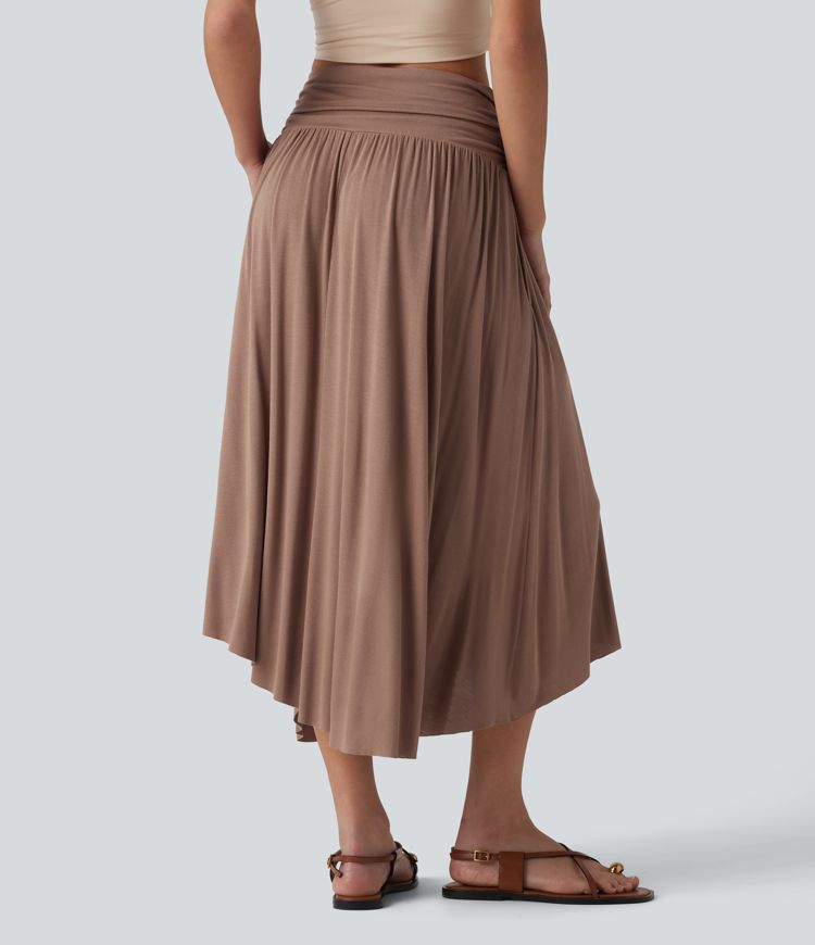 Jupe midi fluide casual gainante côtelée taille haute à nœuds latéraux et ourlet asymétrique avec poches