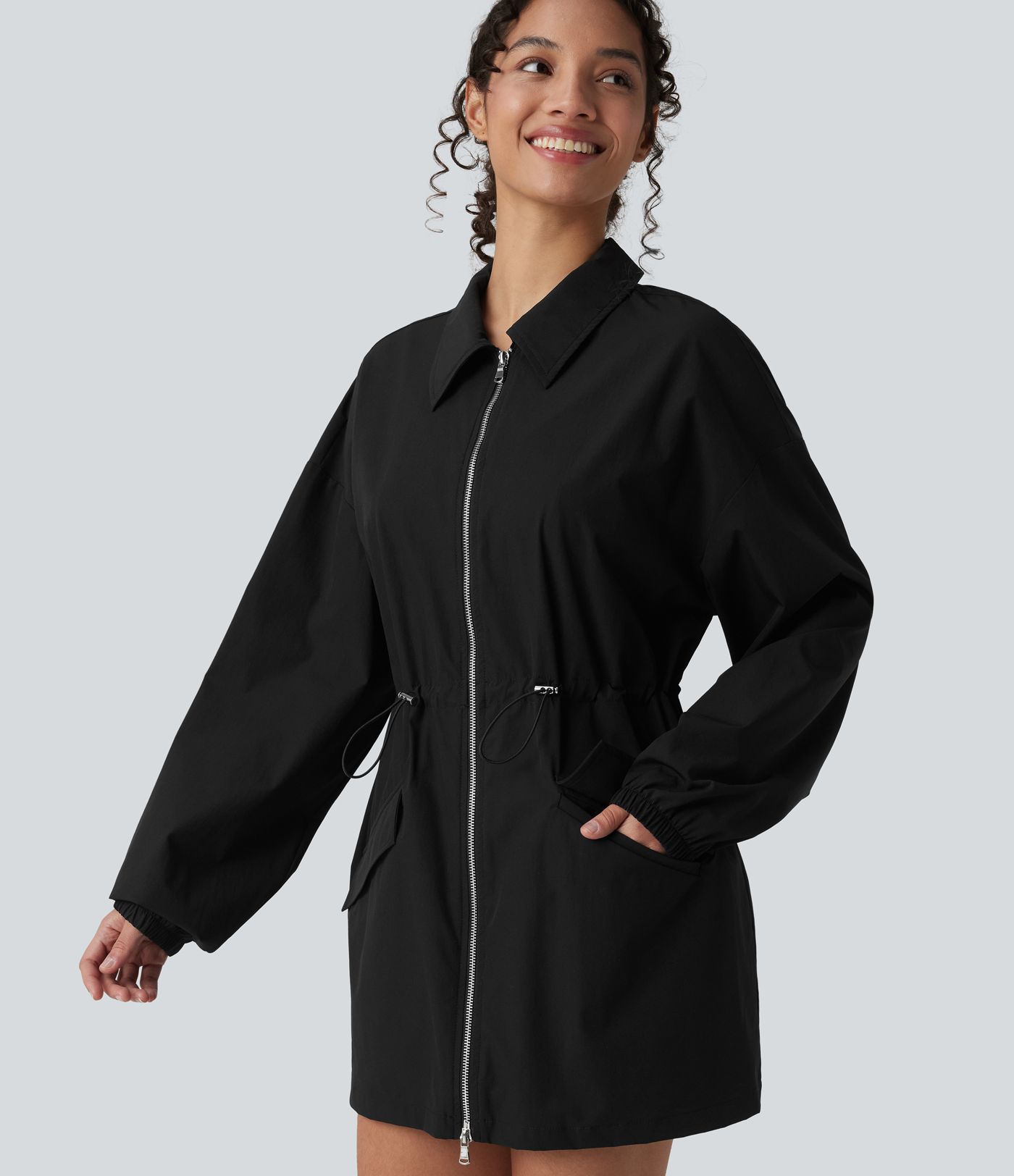 Water Repellent Wear-Resistant Long Sleeve 2-Way Zipper Casual Jacket with Pockets