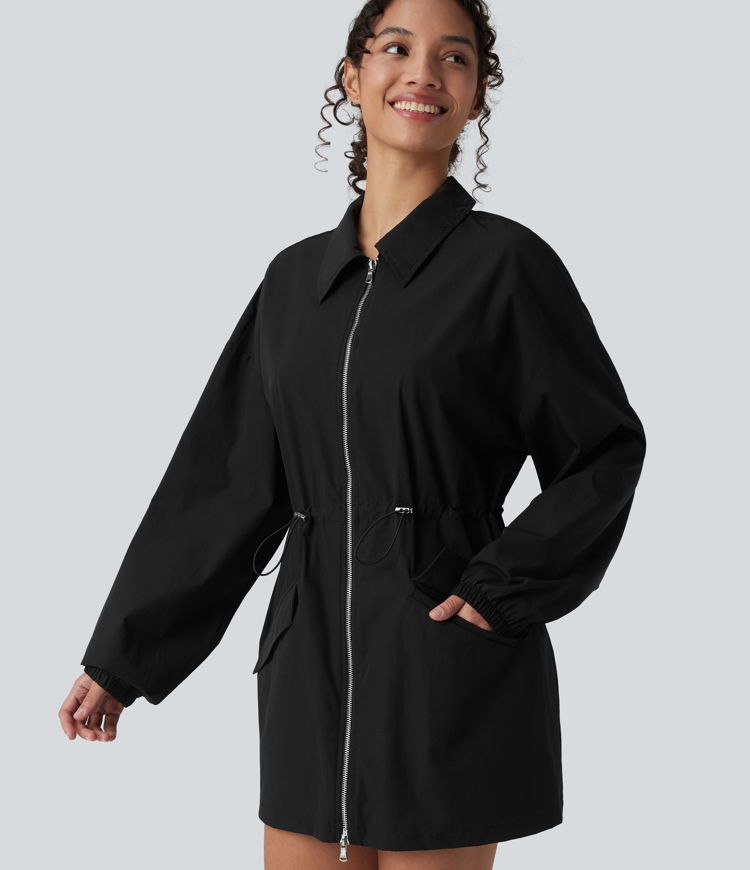 Water Repellent Wear-Resistant Long Sleeve 2-Way Zipper Casual Jacket with Pockets