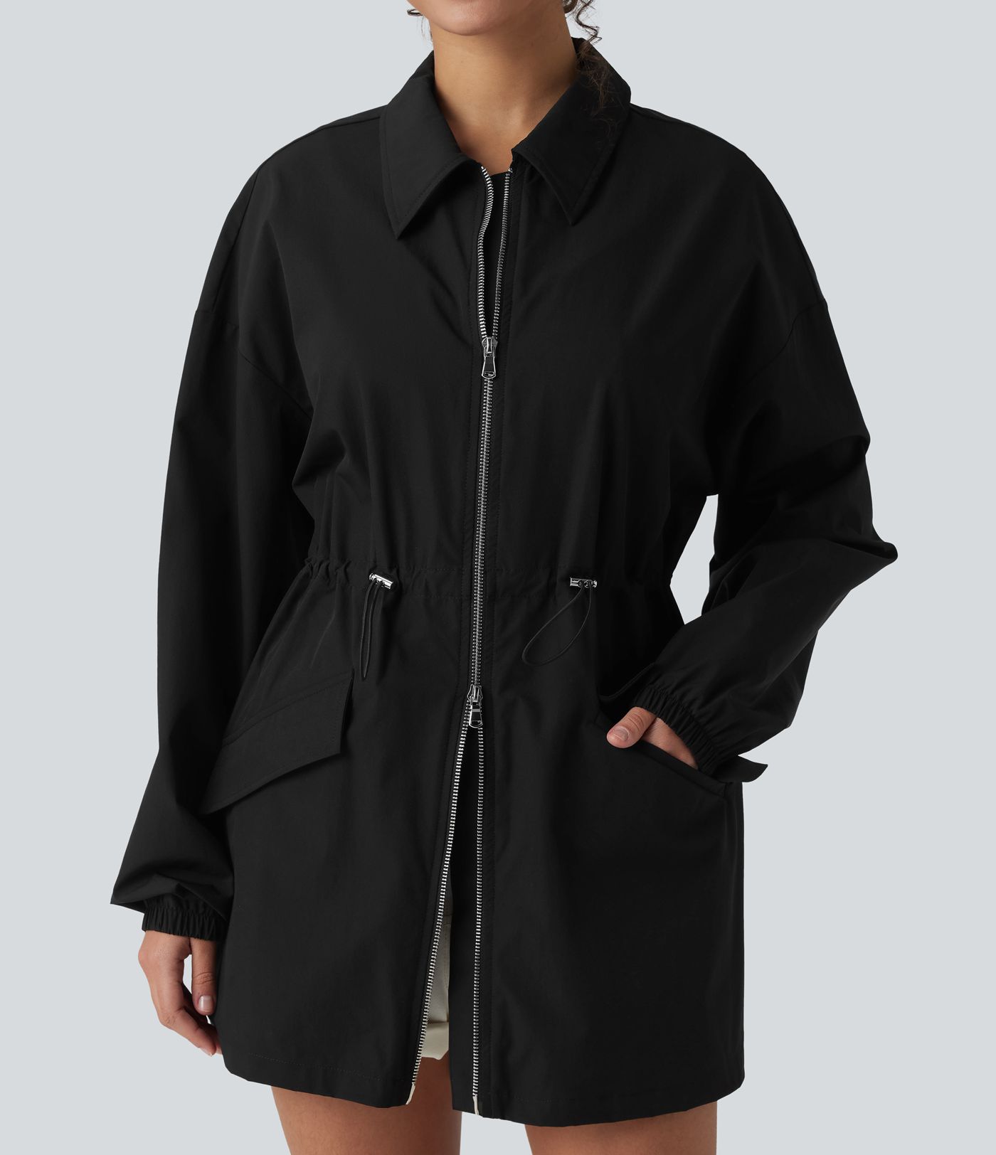 Water Repellent Wear-Resistant Long Sleeve 2-Way Zipper Casual Jacket with Pockets
