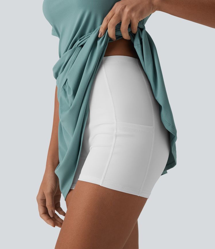 Round Neck Short Sleeve Keyhole Back 2-Piece Mini Casual Dress with Pockets