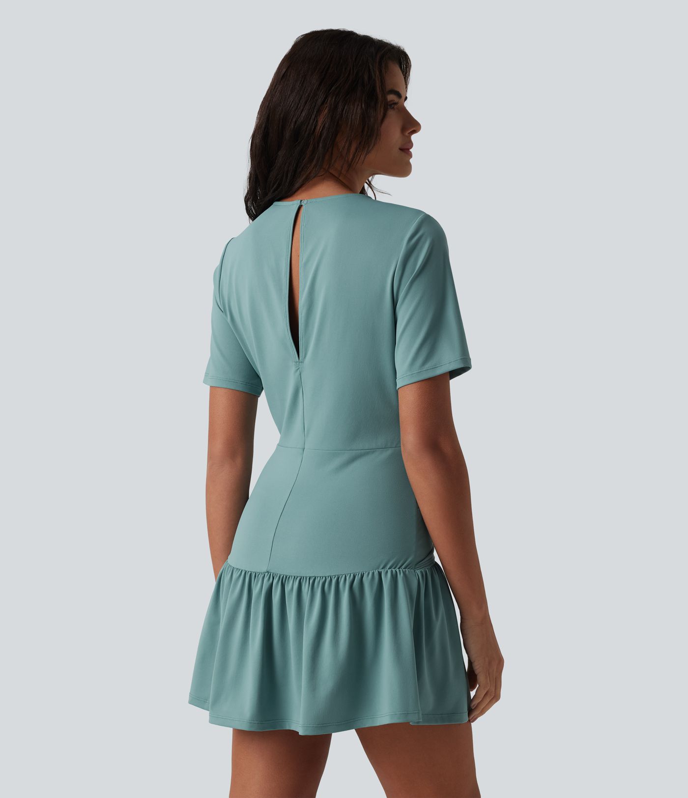 Round Neck Short Sleeve Keyhole Back 2-Piece Mini Casual Dress with Pockets