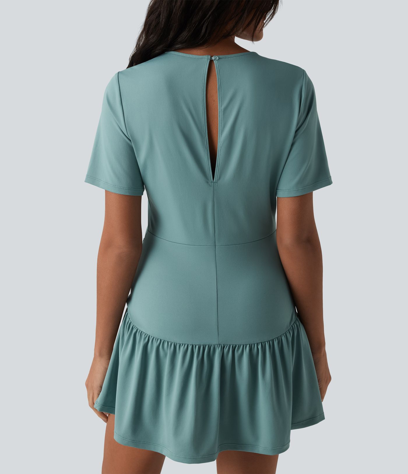 Round Neck Short Sleeve Keyhole Back 2-Piece Mini Casual Dress with Pockets