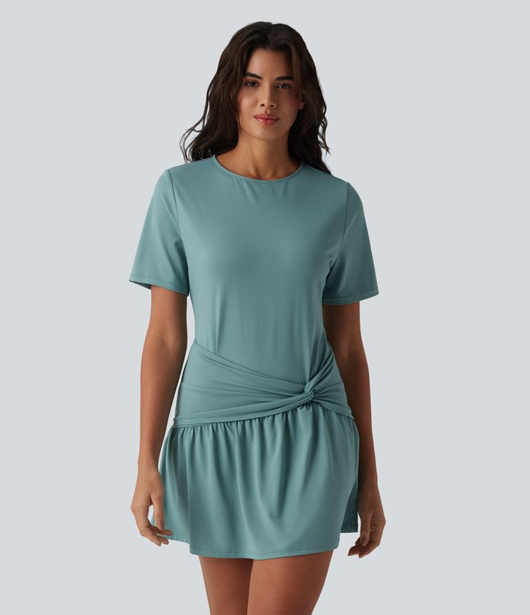 Round Neck Short Sleeve Keyhole Back 2-Piece Mini Casual Dress with Pockets