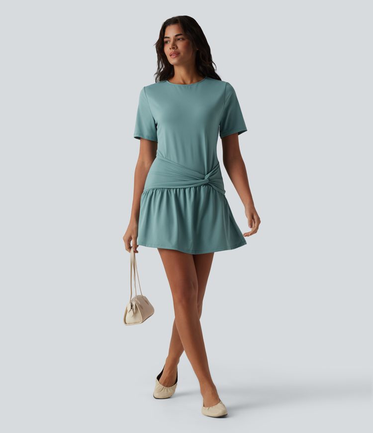 Round Neck Short Sleeve Keyhole Back 2-Piece Mini Casual Dress with Pockets