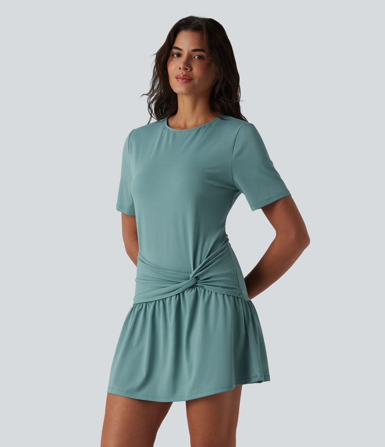 Round Neck Short Sleeve Keyhole Back 2-Piece Mini Casual Dress with Pockets