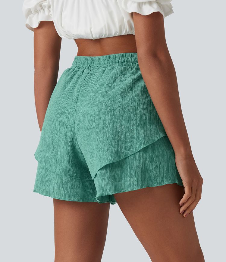 Högmidjade shorts med dragsko, lagerlagda volangfåll, 5'' med fickor