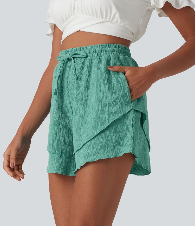 Högmidjade shorts med dragsko, lagerlagda volangfåll, 5'' med fickor