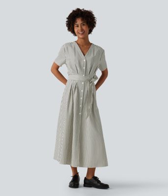 V Neck Short Sleeve Belted Stripe Midi Work Shirt Dress
