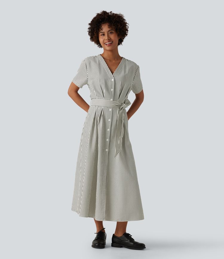 V Neck Short Sleeve Belted Stripe Midi Work Shirt Dress