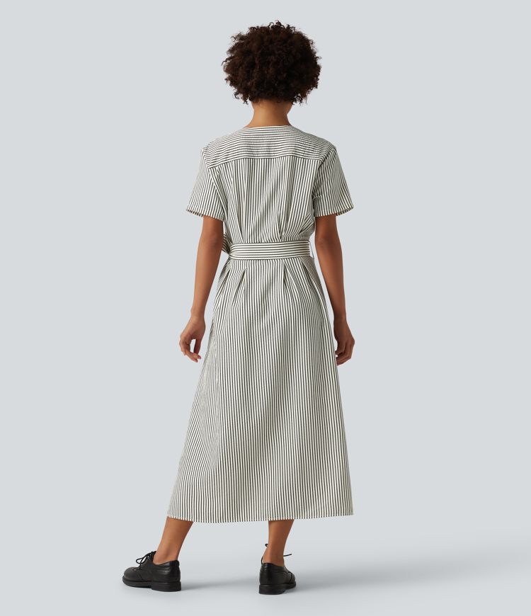 V Neck Short Sleeve Belted Stripe Midi Work Shirt Dress