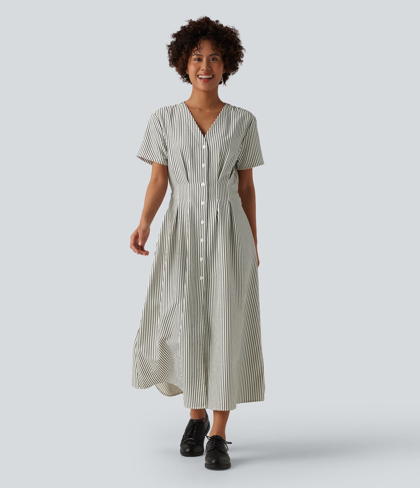 V Neck Short Sleeve Belted Stripe Midi Work Shirt Dress