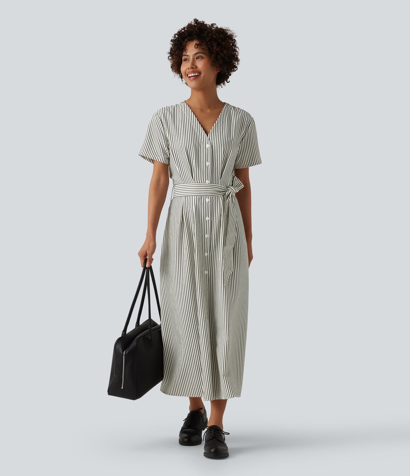 V Neck Short Sleeve Belted Stripe Midi Work Shirt Dress