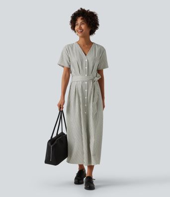 V Neck Short Sleeve Belted Stripe Midi Work Shirt Dress