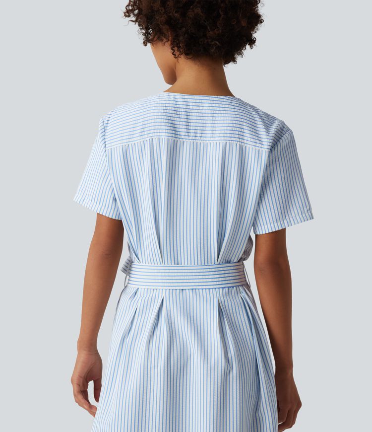 V Neck Short Sleeve Belted Stripe Midi Work Shirt Dress