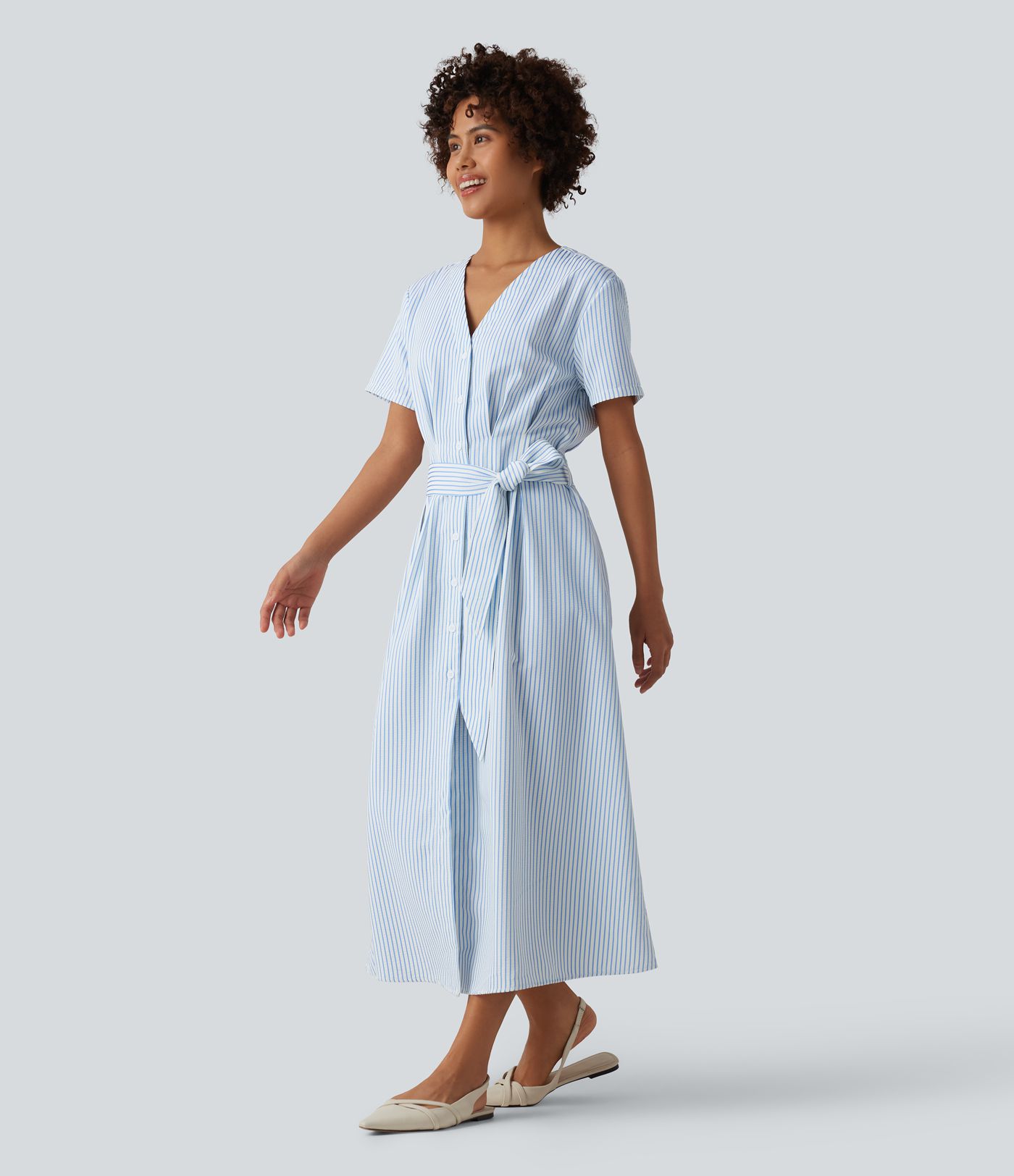 V Neck Short Sleeve Belted Stripe Midi Work Shirt Dress