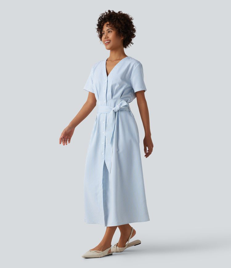 V Neck Short Sleeve Belted Stripe Midi Work Shirt Dress
