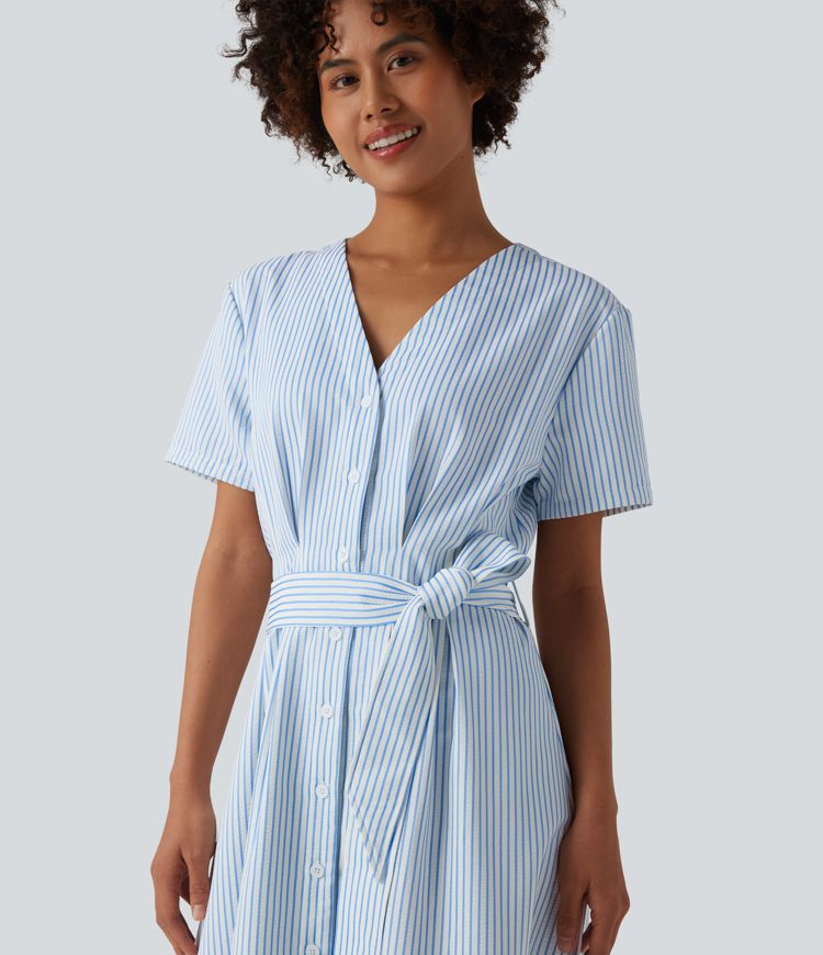 V Neck Short Sleeve Belted Stripe Midi Work Shirt Dress