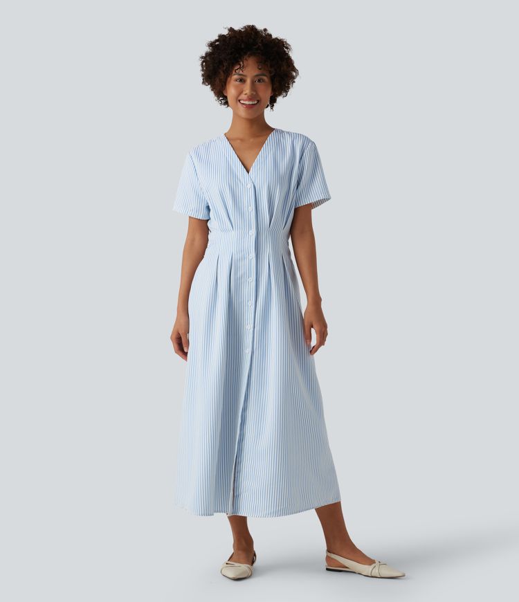 V Neck Short Sleeve Belted Stripe Midi Work Shirt Dress