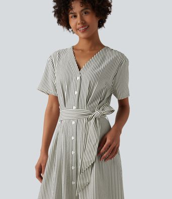 V Neck Short Sleeve Belted Stripe Midi Work Shirt Dress