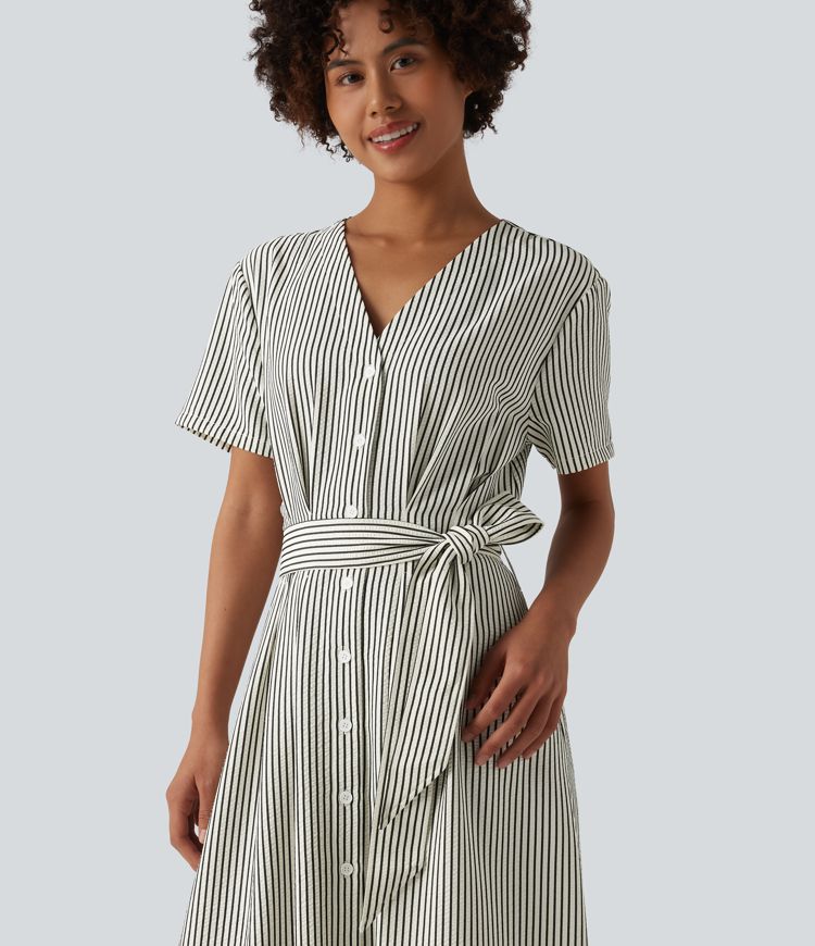 V Neck Short Sleeve Belted Stripe Midi Work Shirt Dress