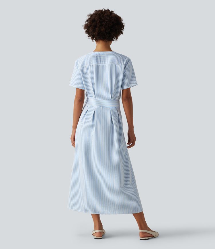 V Neck Short Sleeve Belted Stripe Midi Work Shirt Dress