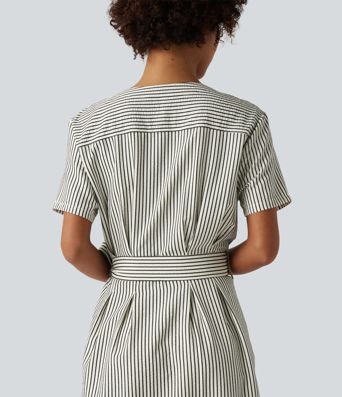 V Neck Short Sleeve Belted Stripe Midi Work Shirt Dress
