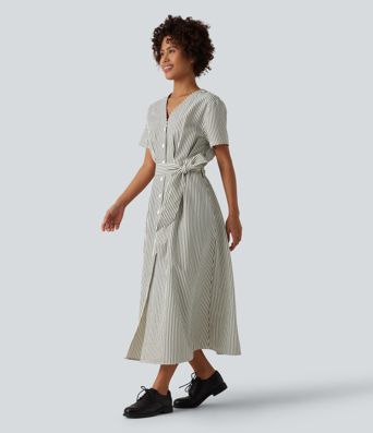 V Neck Short Sleeve Belted Stripe Midi Work Shirt Dress
