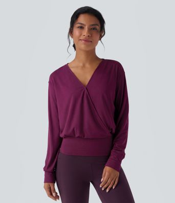 V Neck Crossover Long Sleeve Work Blouse